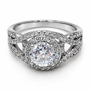 Sparkly Halo CZ Engagement Ring Silver Tone Pave Split Shank Bridal Statement 8